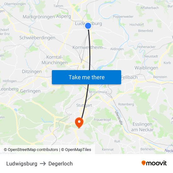 Ludwigsburg to Degerloch map