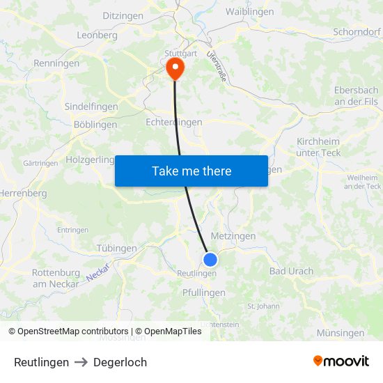 Reutlingen to Degerloch map