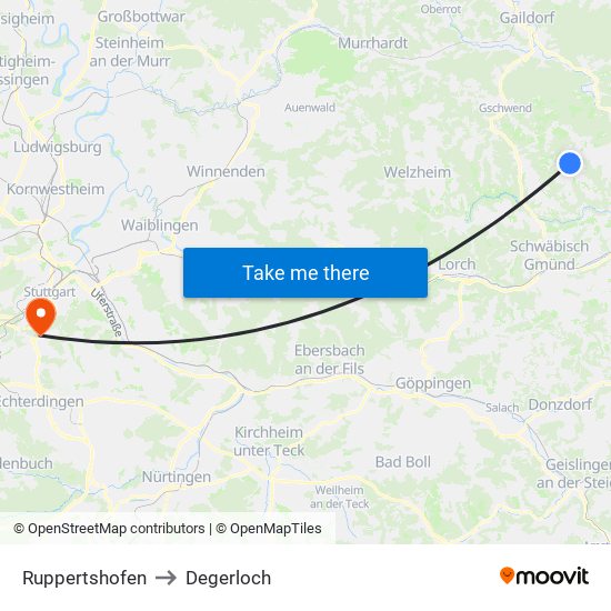Ruppertshofen to Degerloch map