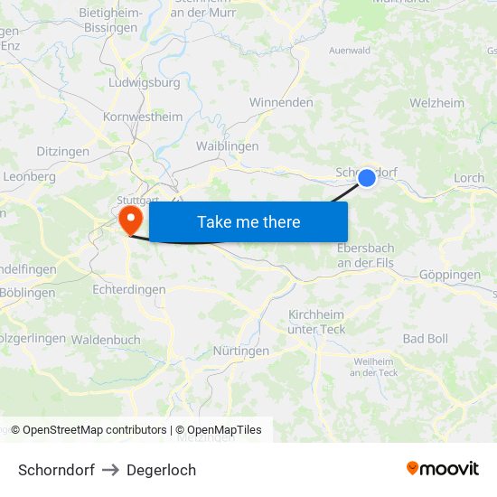 Schorndorf to Degerloch map