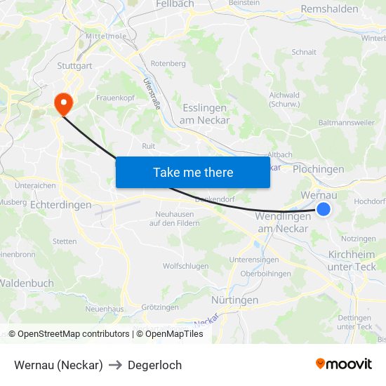 Wernau (Neckar) to Degerloch map