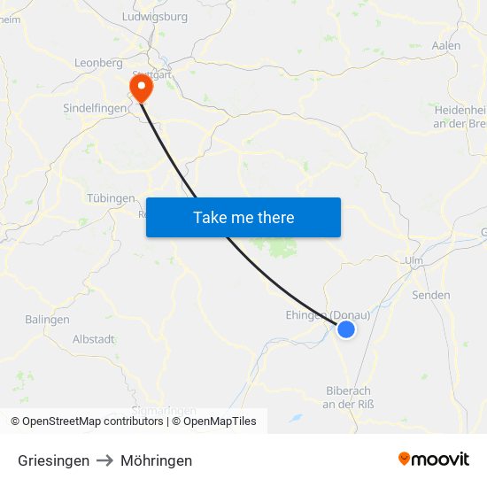 Griesingen to Möhringen map