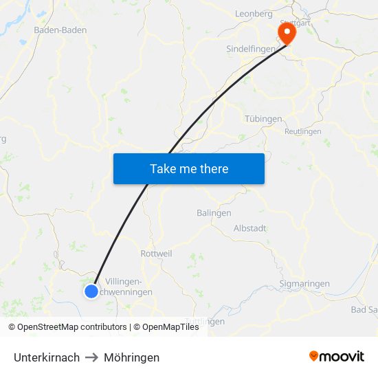 Unterkirnach to Möhringen map