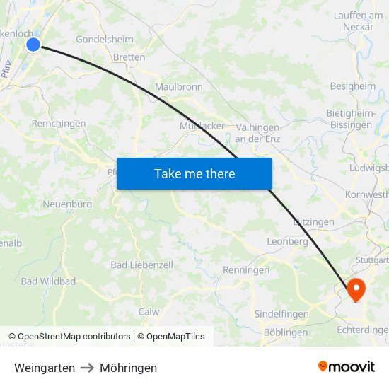 Weingarten to Möhringen map