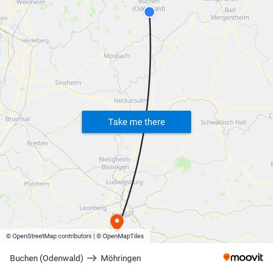 Buchen (Odenwald) to Möhringen map