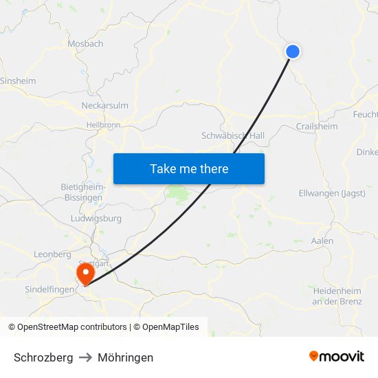 Schrozberg to Möhringen map