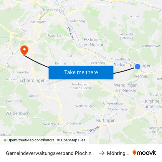 Gemeindeverwaltungsverband Plochingen to Möhringen map