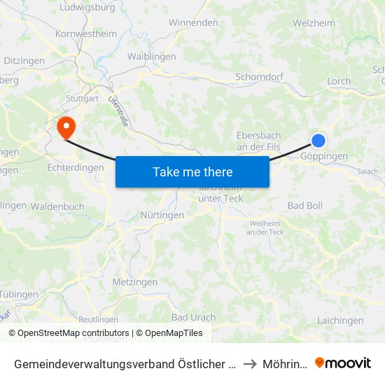 Gemeindeverwaltungsverband Östlicher Schurwald to Möhringen map