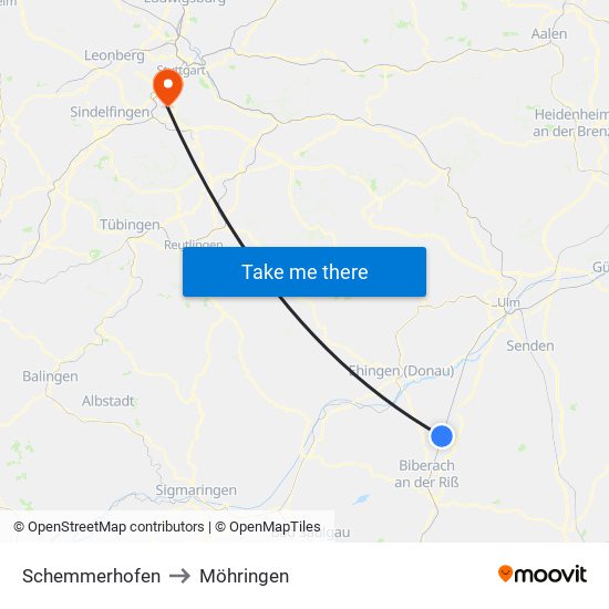 Schemmerhofen to Möhringen map