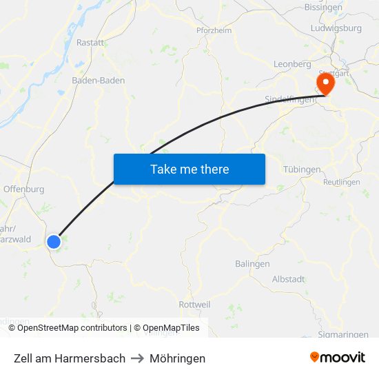 Zell am Harmersbach to Möhringen map