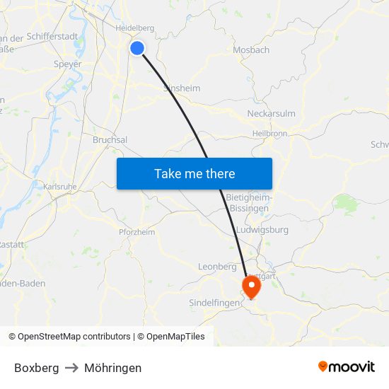 Boxberg to Möhringen map