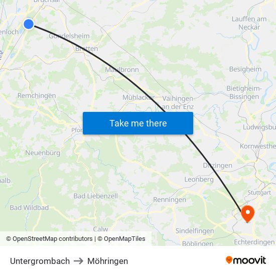 Untergrombach to Möhringen map