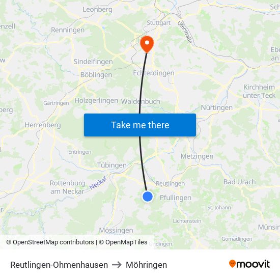 Reutlingen-Ohmenhausen to Möhringen map