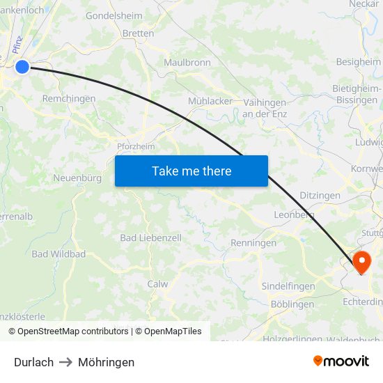 Durlach to Möhringen map