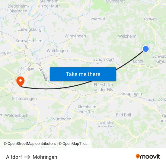Alfdorf to Möhringen map