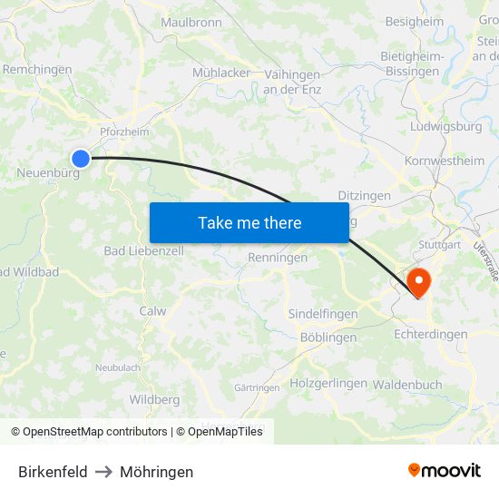 Birkenfeld to Möhringen map