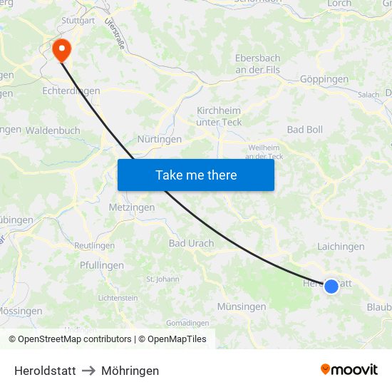 Heroldstatt to Möhringen map