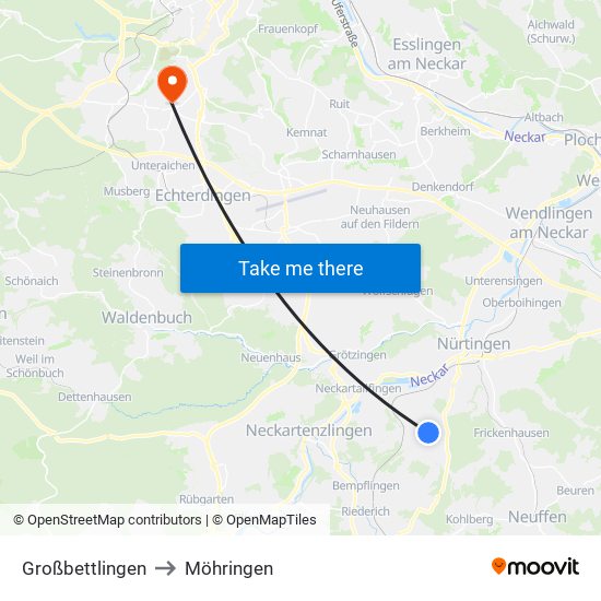 Großbettlingen to Möhringen map