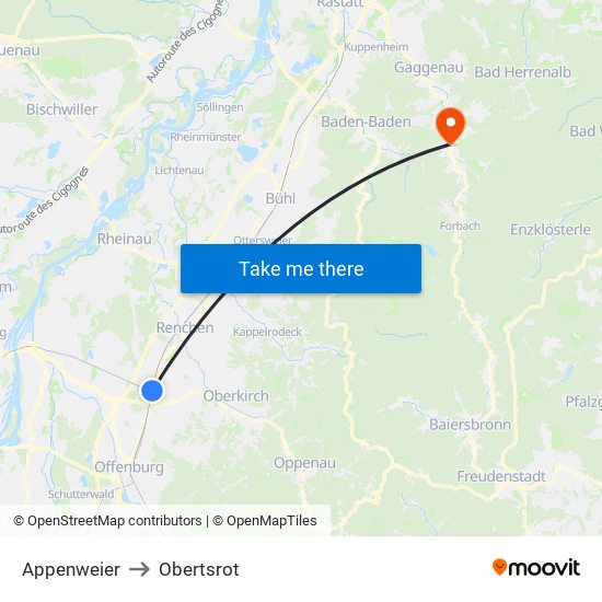 Appenweier to Obertsrot map