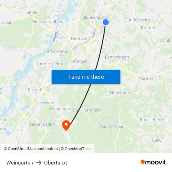 Weingarten to Obertsrot map