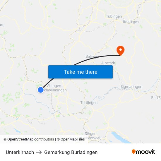 Unterkirnach to Gemarkung Burladingen map