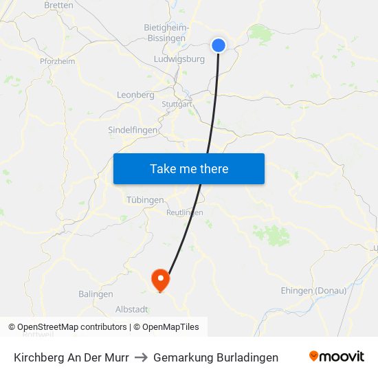 Kirchberg An Der Murr to Gemarkung Burladingen map