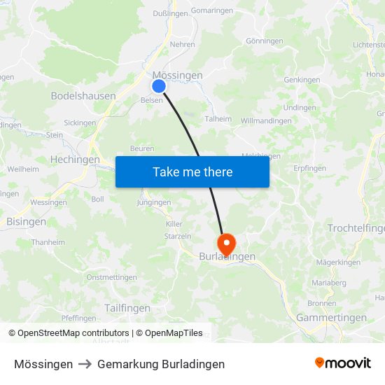 Mössingen to Gemarkung Burladingen map