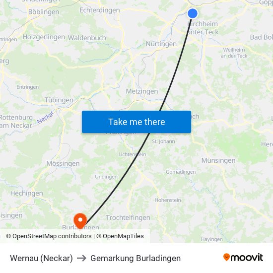 Wernau (Neckar) to Gemarkung Burladingen map