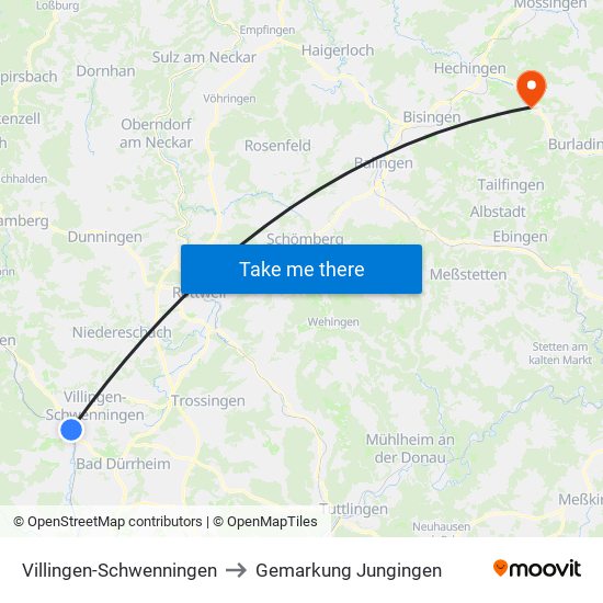 Villingen-Schwenningen to Gemarkung Jungingen map