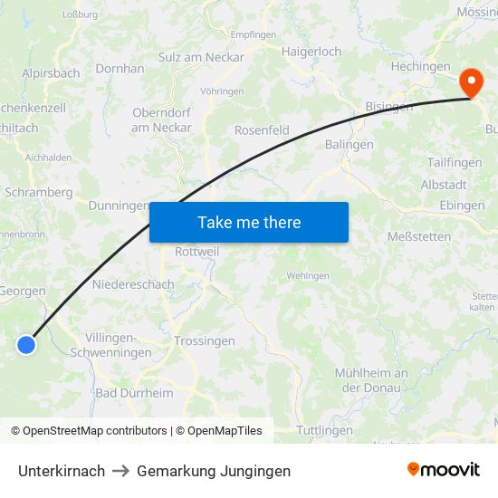 Unterkirnach to Gemarkung Jungingen map