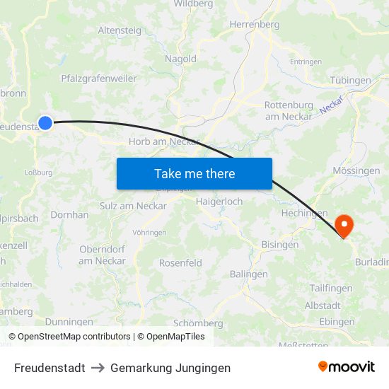 Freudenstadt to Gemarkung Jungingen map