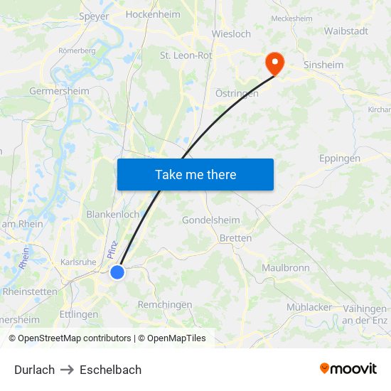 Durlach to Eschelbach map