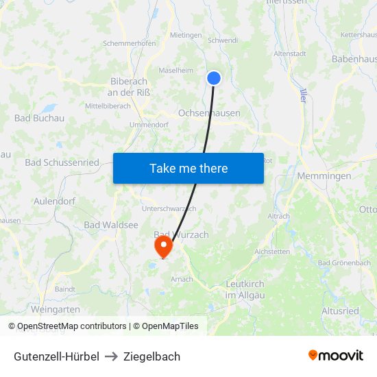 Gutenzell-Hürbel to Ziegelbach map