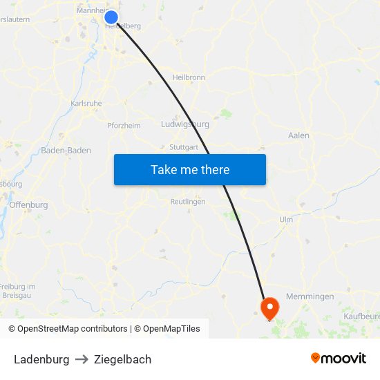 Ladenburg to Ziegelbach map