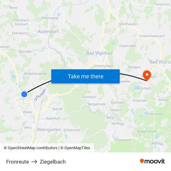 Fronreute to Ziegelbach map