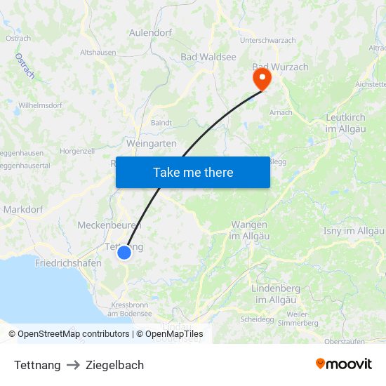 Tettnang to Ziegelbach map