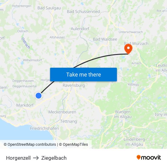 Horgenzell to Ziegelbach map