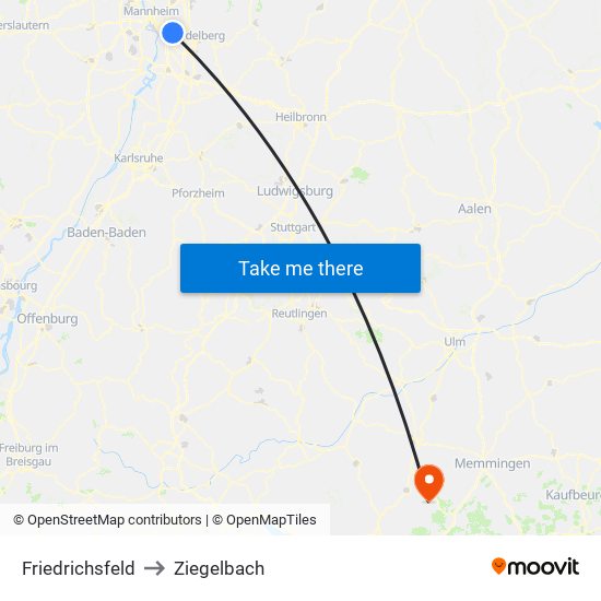 Friedrichsfeld to Ziegelbach map