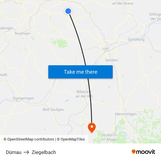 Dürnau to Ziegelbach map