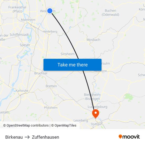 Birkenau to Zuffenhausen map