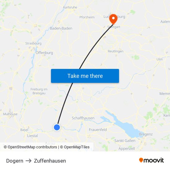 Dogern to Zuffenhausen map