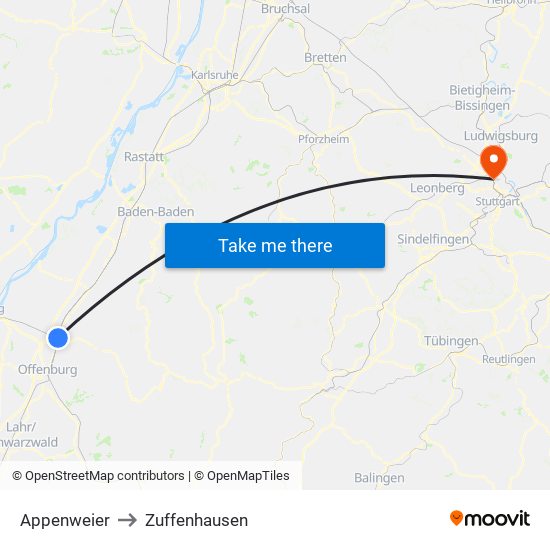 Appenweier to Zuffenhausen map