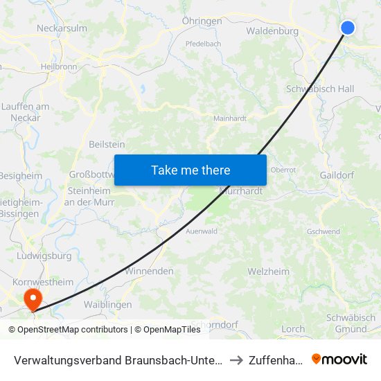 Verwaltungsverband Braunsbach-Untermünkheim to Zuffenhausen map