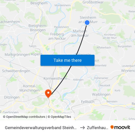 Gemeindeverwaltungsverband Steinheim-Murr to Zuffenhausen map