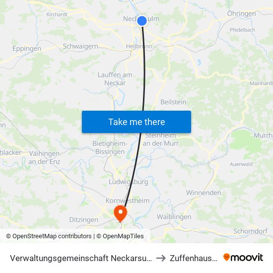 Verwaltungsgemeinschaft Neckarsulm to Zuffenhausen map
