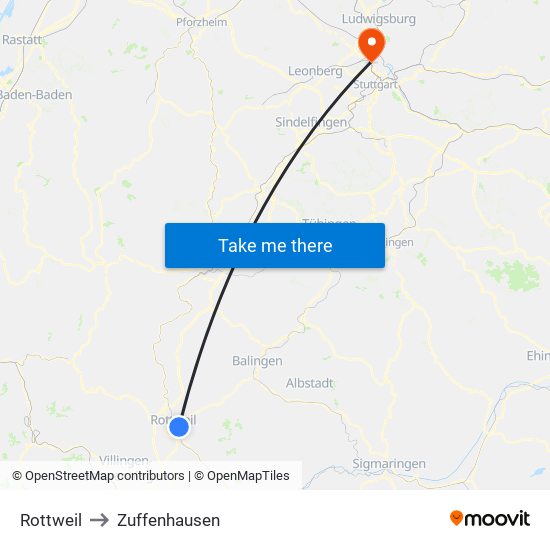 Rottweil to Zuffenhausen map