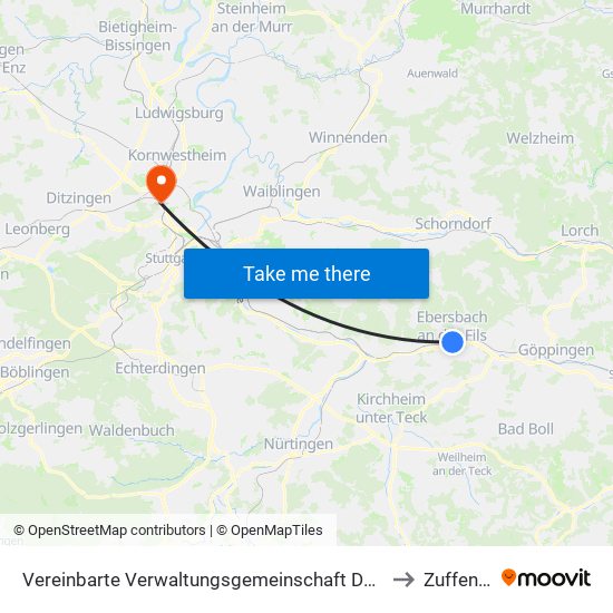Vereinbarte Verwaltungsgemeinschaft Der Stadt Ebersbach An Der Fils to Zuffenhausen map