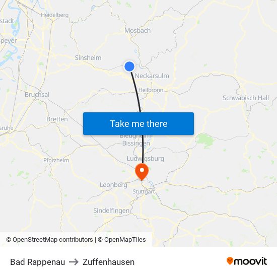 Bad Rappenau to Zuffenhausen map