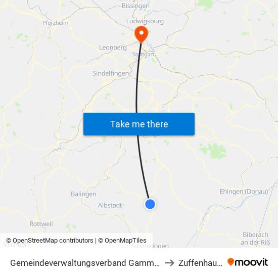 Gemeindeverwaltungsverband Gammertingen to Zuffenhausen map