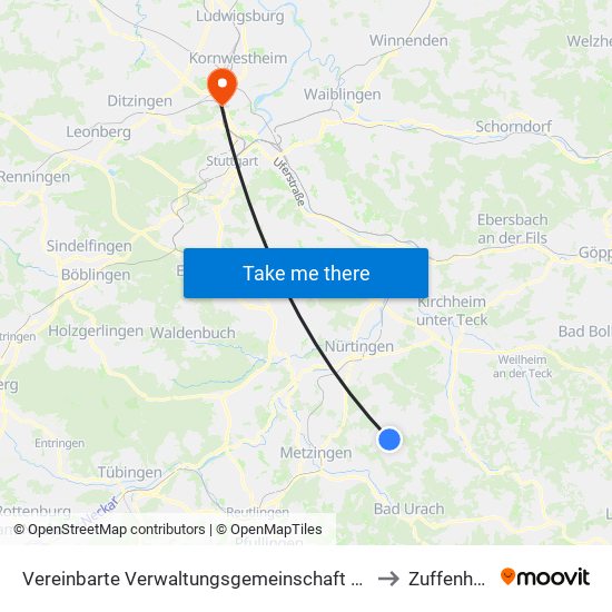 Vereinbarte Verwaltungsgemeinschaft Der Stadt Neuffen to Zuffenhausen map